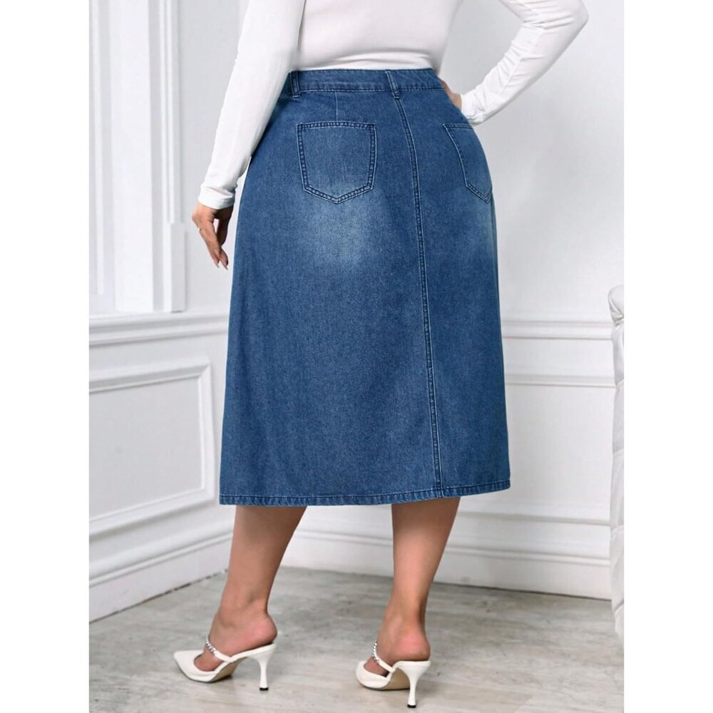Women's Plus Size Jean Midi Skirt High Waisted A-Line Casual Comfort - Picture 6 of 6